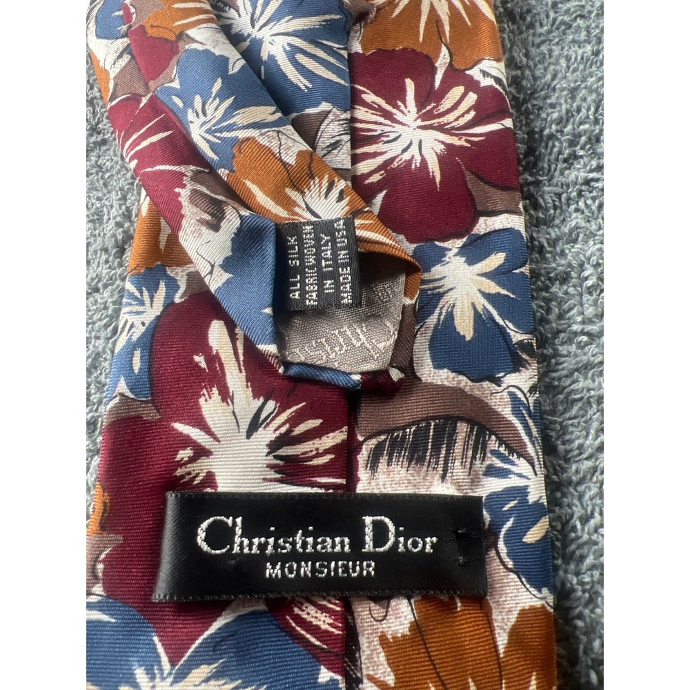 Christian Dior Monsieur Silk Tie Floral Pattern Blue Burgundy Brown Men‎ - Picture 2 of 4